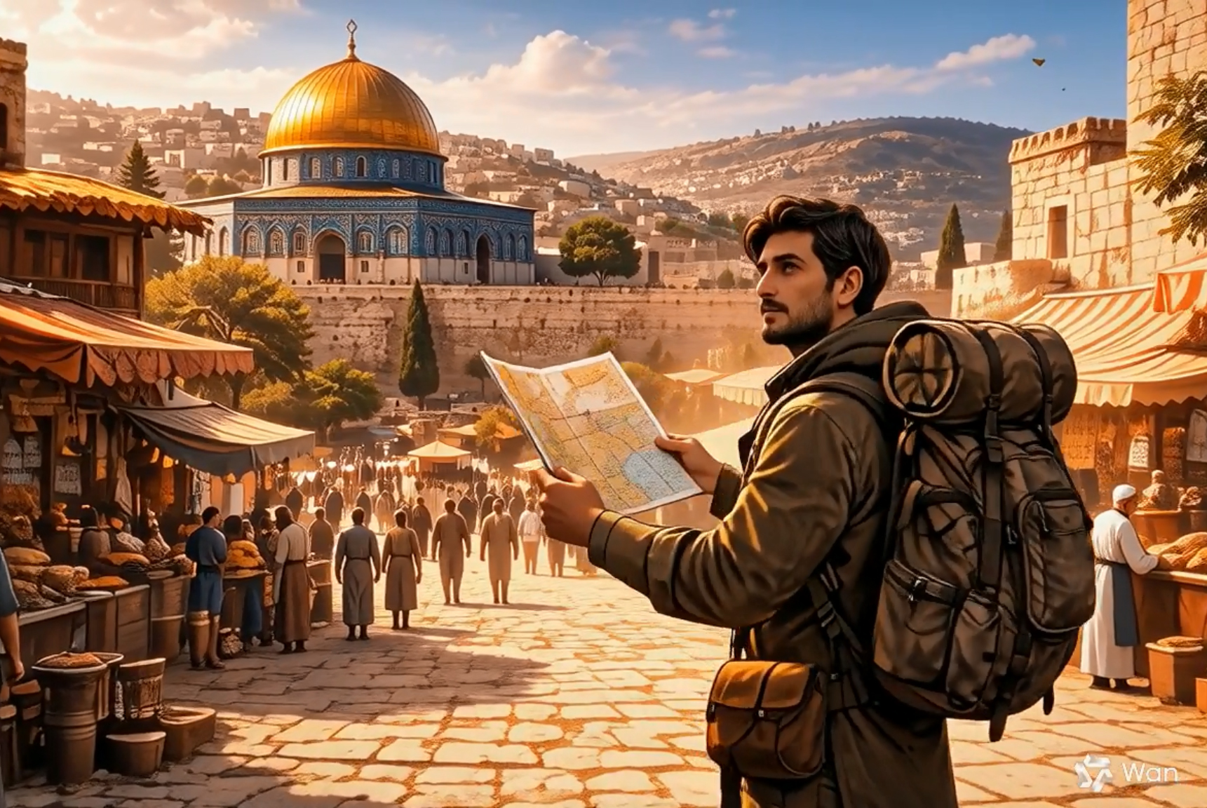 مسافری در بازار بیت‌المقدس با گنبد طلایی در پس‌زمینه