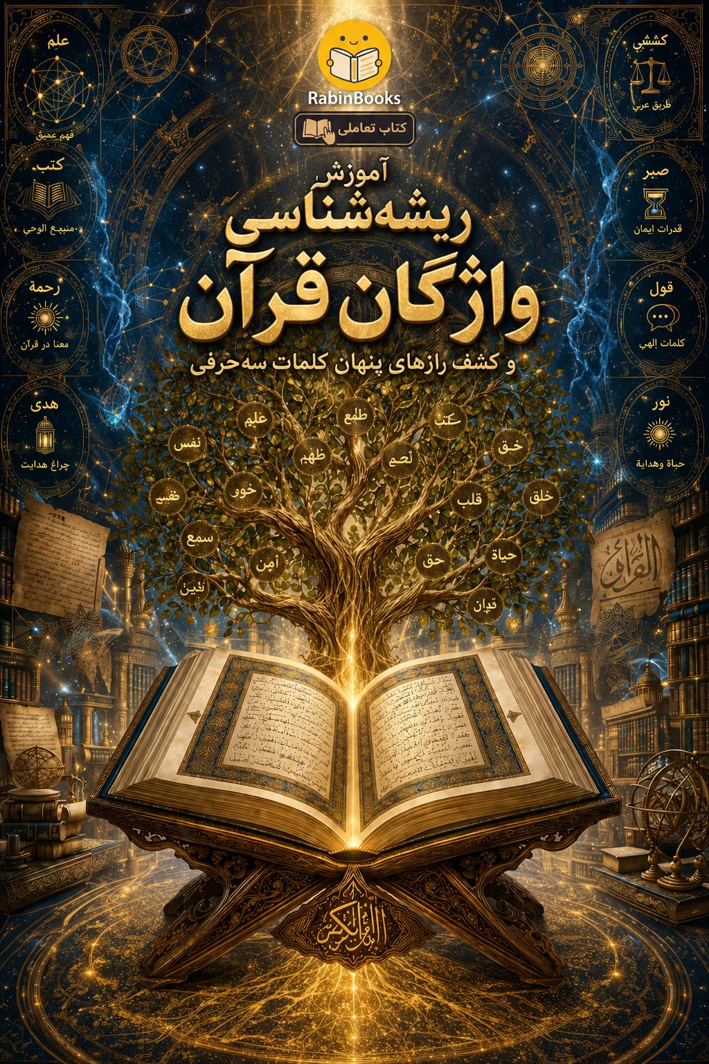 جلد کتاب آموزش ریشه‌شناسی واژگان: کدشکن عربی و کشف رازهای پنهان کلمات سه‌حرفی