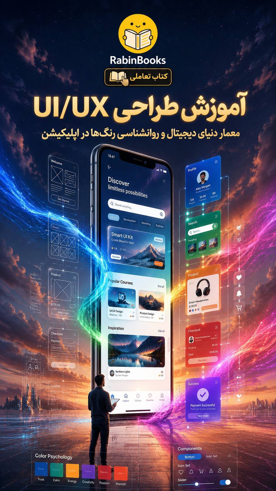 جلد کتاب  آموزش طراحی UI/UX: معمار دنیای دیجیتال و روانشناسی رنگ‌ها در اپلیکیشن
